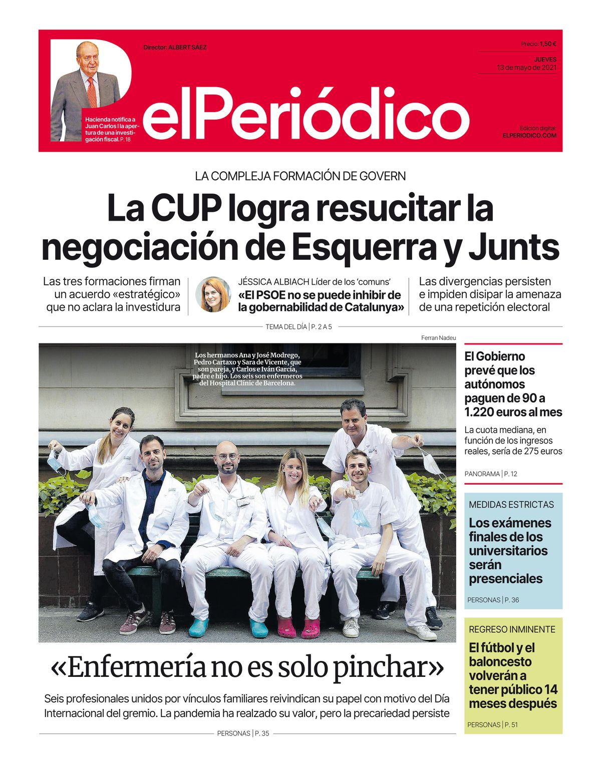 La portada de EL PERIÓDICO del 13 de mayo del 2021 La portada de EL PERIÓDICO del 13 de mayo del 2021
