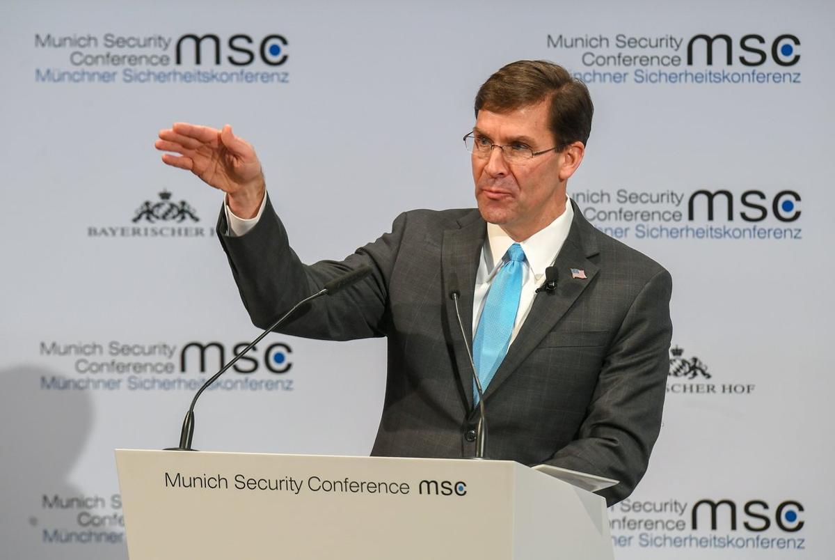 El secretario de Defensa de EEUU, Mark Esper, durante su intervención en la conferencia de seguridad de Múnich, este sábado.