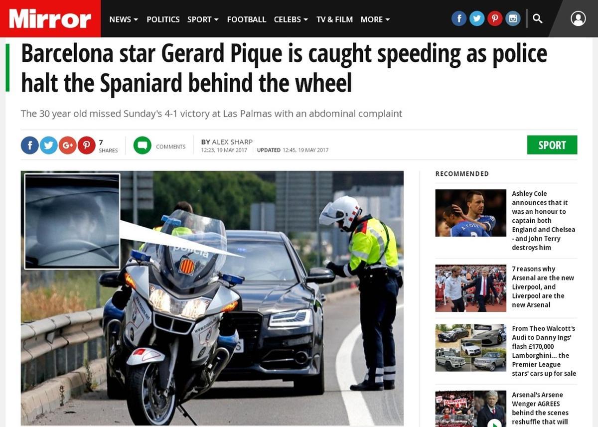 La noticia del ’Daily Mirror’, desmentida por Piqué, según la cual fue detenido cuando circulaba a 190 km/h
