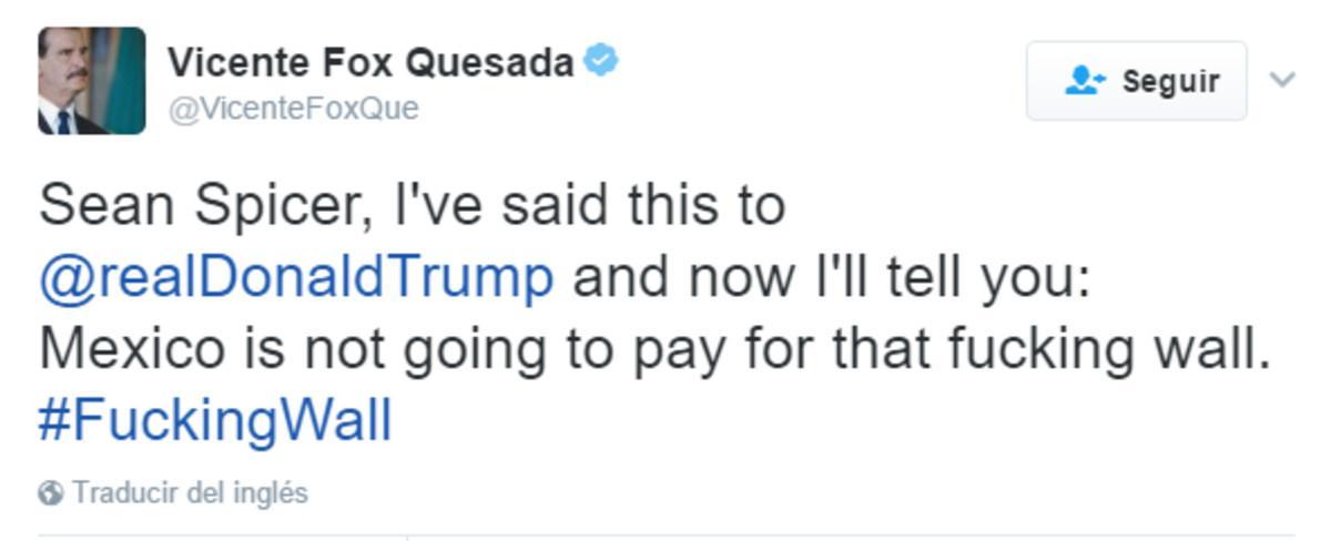 Tuit del expresidente de México Vicente Fox sobre el muro de Trump.