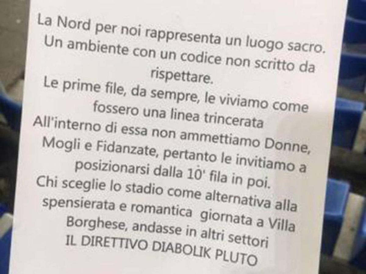 Octavilla repartida en el Lazio-Nápoles en la que se impide la entrada de mujeres al fondo norte Octavilla repartida en el Lazio-Nápoles en la que se impide la entrada de mujeres al fondo norte