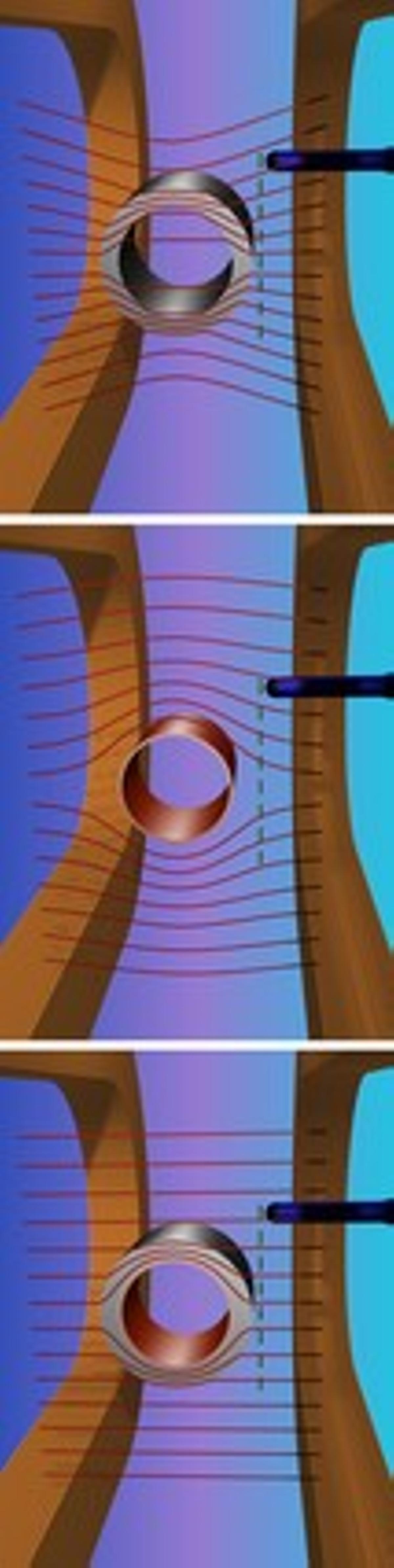 Esquema del funcionamiento del material invisible a los campos magnéticos desarrollado por investigadores de la UAB. Gracias a una aleación especial, las ondas se desvían y no lo detectan.
