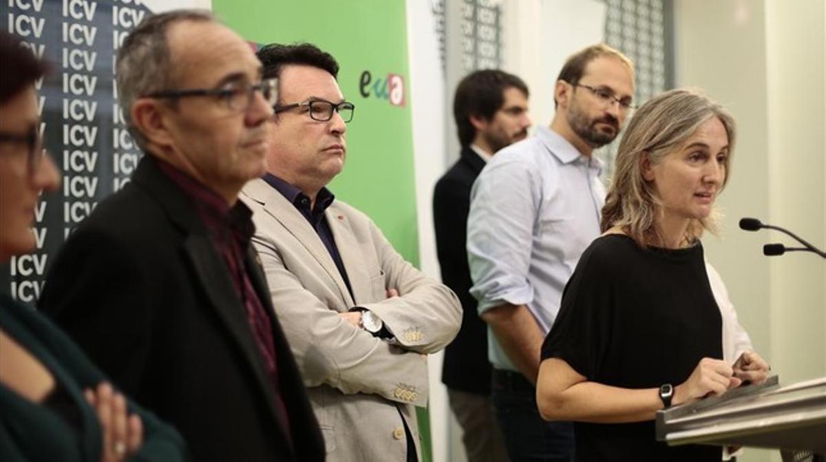 Joan Coscubiela, Joan Josep Nuet, Dolors Camats y Joan Herrera, este viernes, en la rueda de prensa que han ofrecido en la sede de ICV.