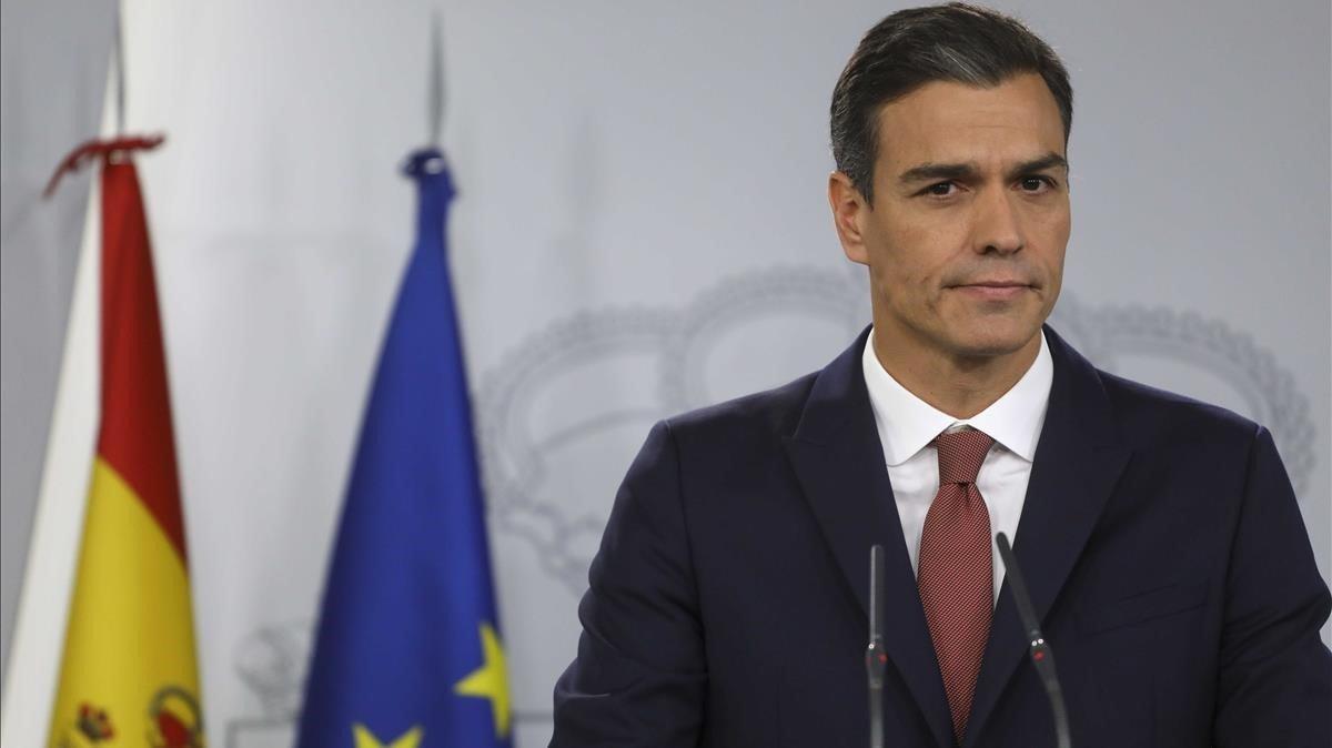 El presidente del Gobierno, Pedro Sánchez, durante la rueda de prensa. El presidente del Gobierno, Pedro Sánchez, durante la rueda de prensa.