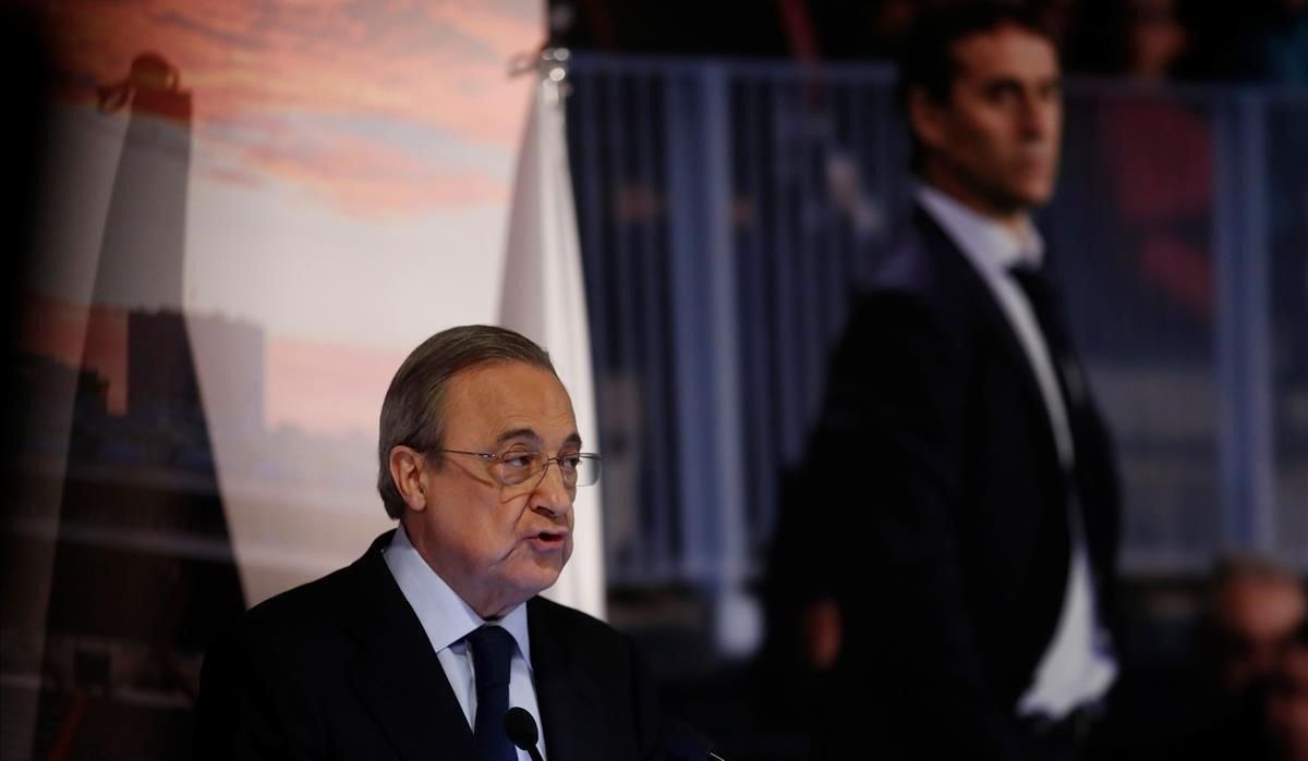 Florentino Pérez presenta a Julen Lopetegui en el Barnabéu, el 14 de junio del 2018. Florentino Pérez presenta a Julen Lopetegui en el Barnabéu, el 14 de junio del 2018.