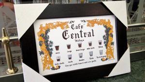 El mosaico de Café Central con las diferentes medidas de café que se pueden pedir.