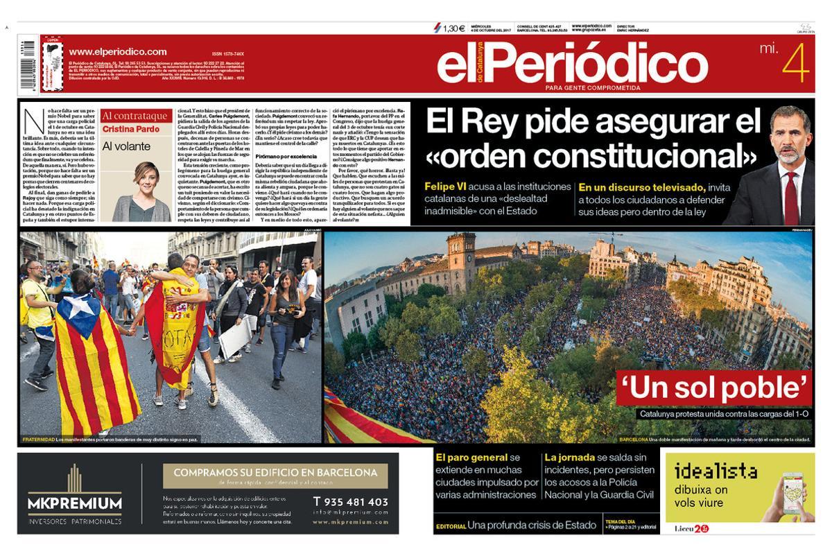 La portada de EL PERIÓDICO del 4 de octubre del 2017.