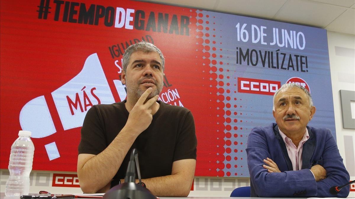 Los secretarios generales de CCOO y UGT, Unai Sordo y José María Álvarez, durante la rueda de prensa ofrecida este martes para presentar las movilizaciones en toda España para el sábado 16 de junio.