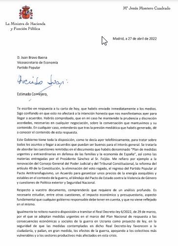 Carta de al ministra de Hacienda, María Jesús Montero, al vicesecretario de Economía del PP, Juan Bravo.