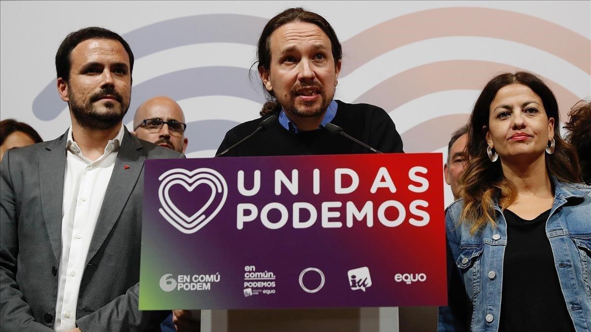 El candidato de Unidas Podemos, Pablo Iglesias, en el Teatro Goya (Madrid) tras conocerse los resultados de las elecciones