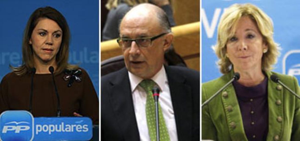 Los dirigentes del PP María Dolores de Cospedal, Cristóbal Montoro y Esperanza Aguirre. Los dirigentes del PP María Dolores de Cospedal, Cristóbal Montoro y Esperanza Aguirre.