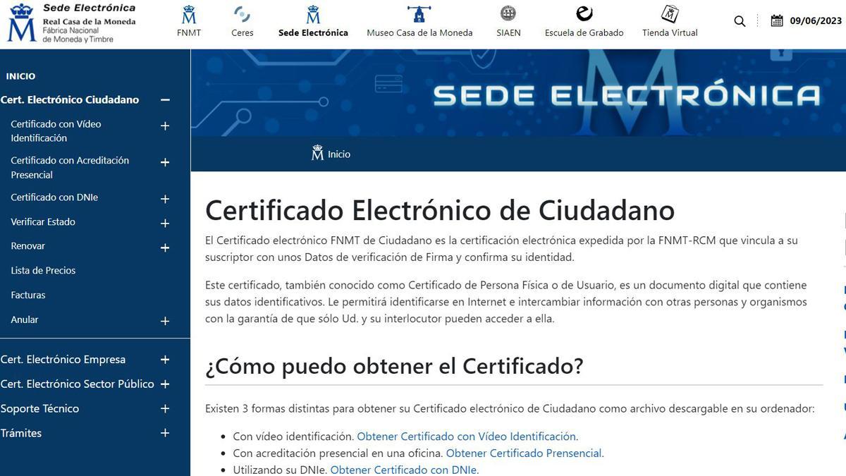 La web para solicitar el Certificado Electrónico de Ciudadano