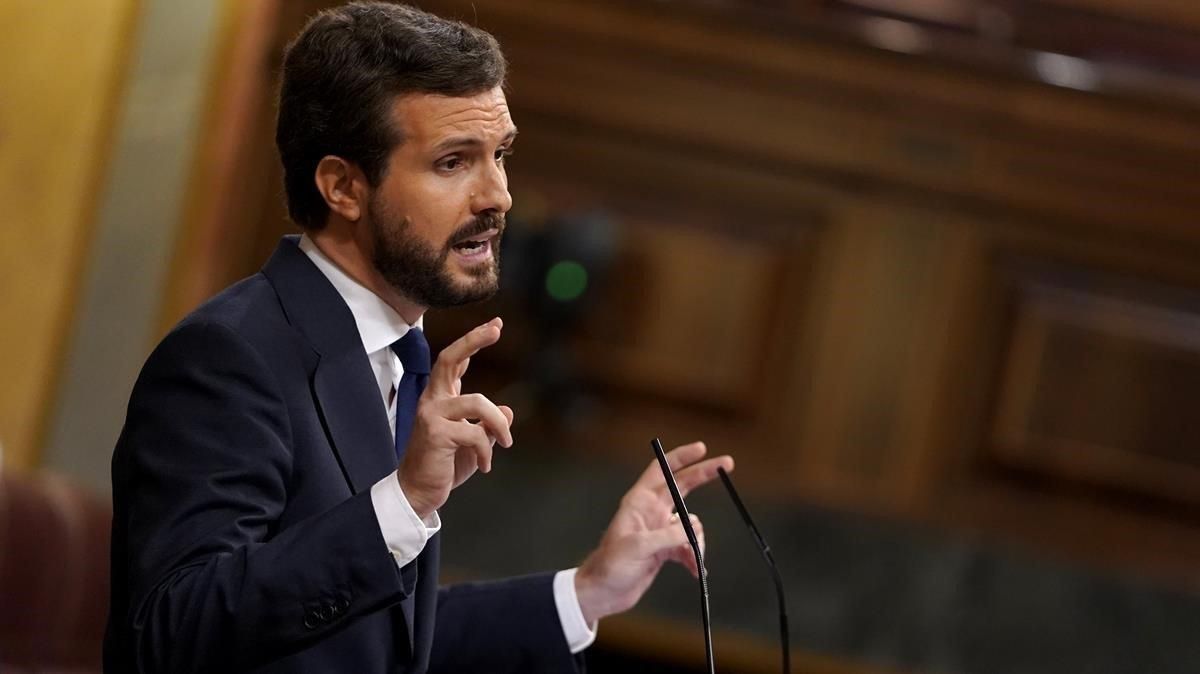 Pablo Casado, el jueves, en el Congreso durante su discurso en la moción de censura que presentó Vox. Pablo Casado, el jueves, en el Congreso durante su discurso en la moción de censura que presentó Vox.