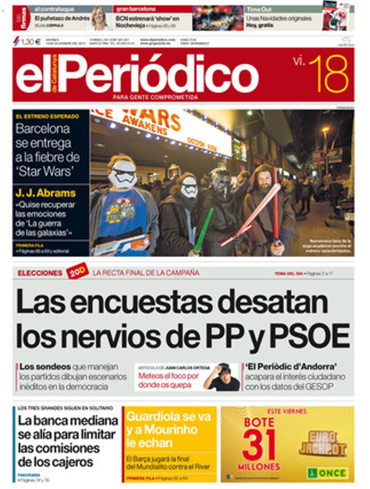 Portada de la edición de EL PERIÓDICO DE CATALUNYA del 18 de diciembre.