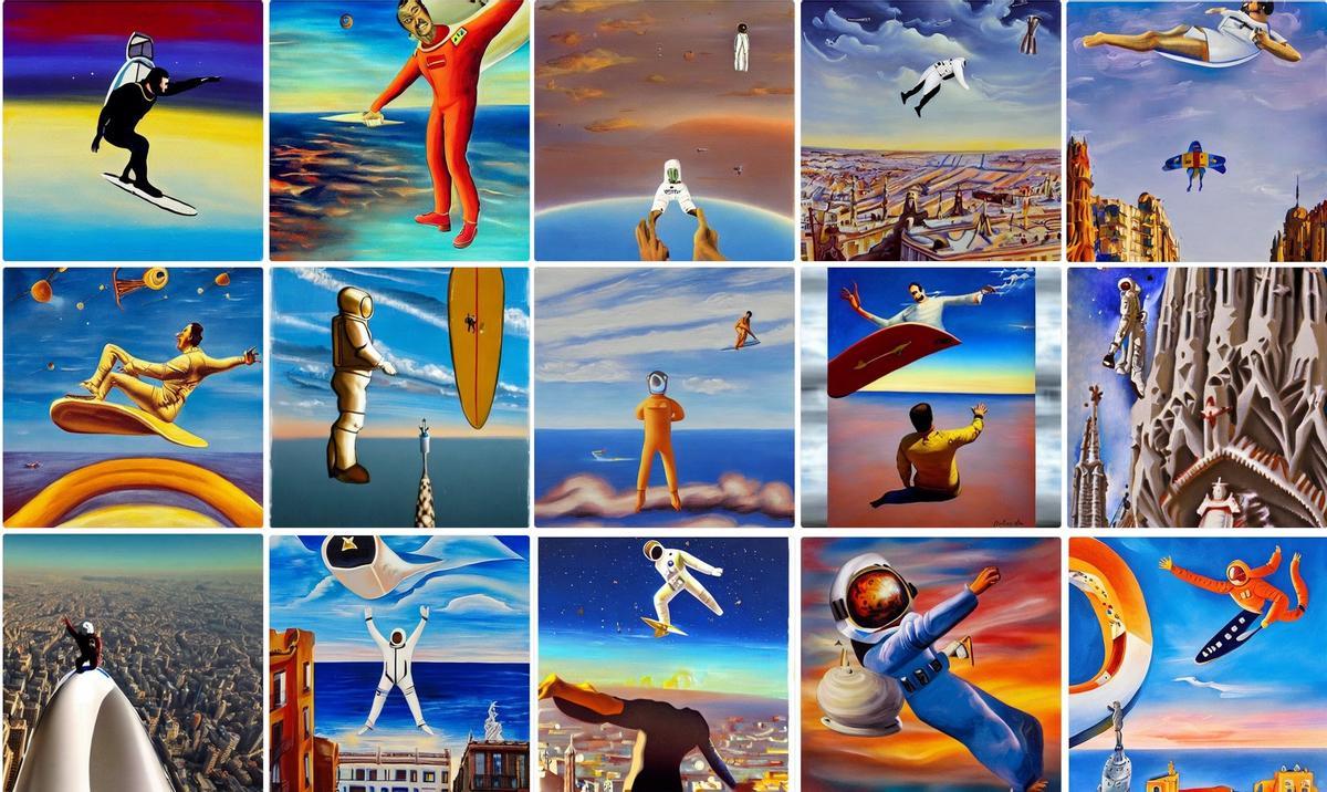 Lo que genera Stable Difussion cuando le pides: astronauta surfeando el cielo de Barcelona con el estilo de Salvador Dalí