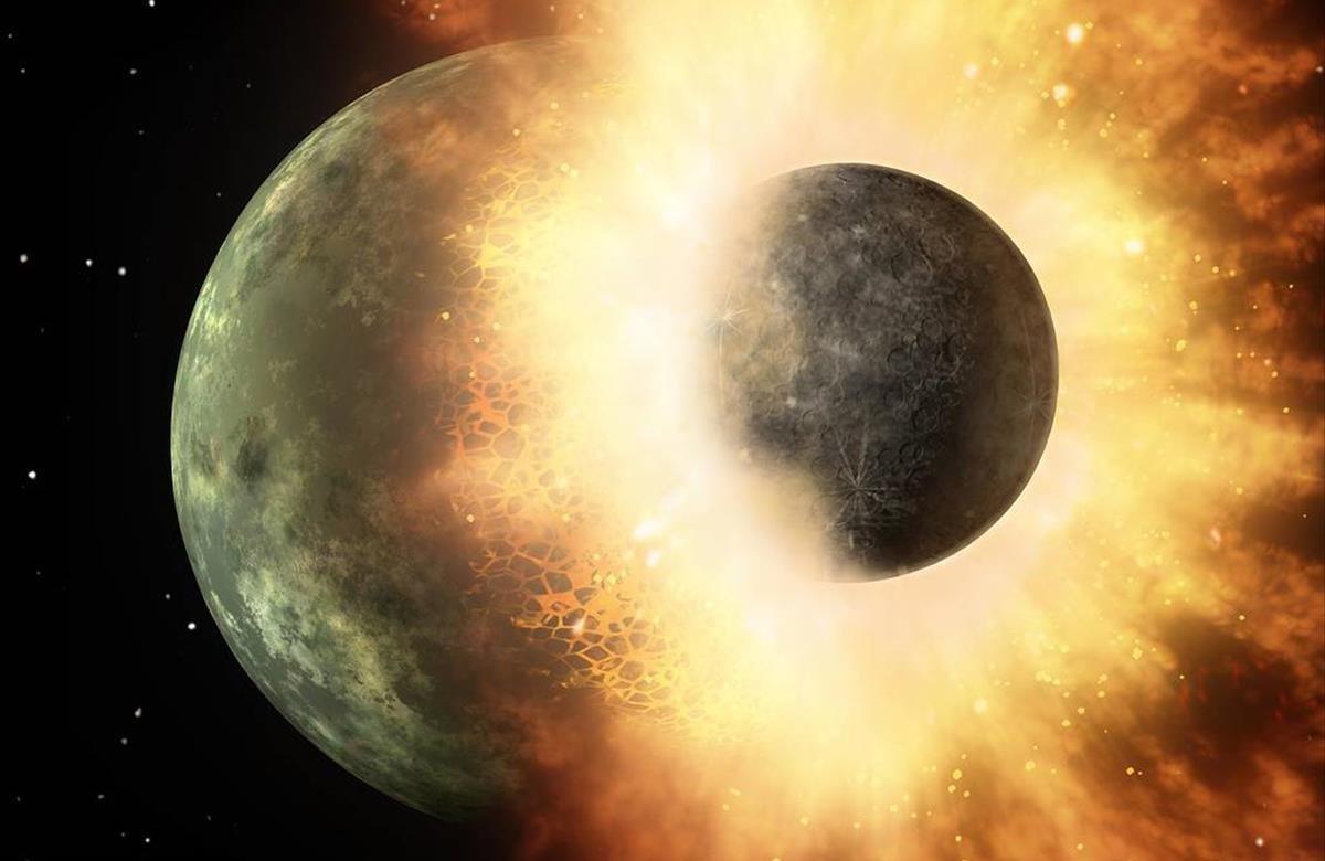 Ilustración gráfica de la hipótesis del gran impacto con el que se cree que se formó la Luna
