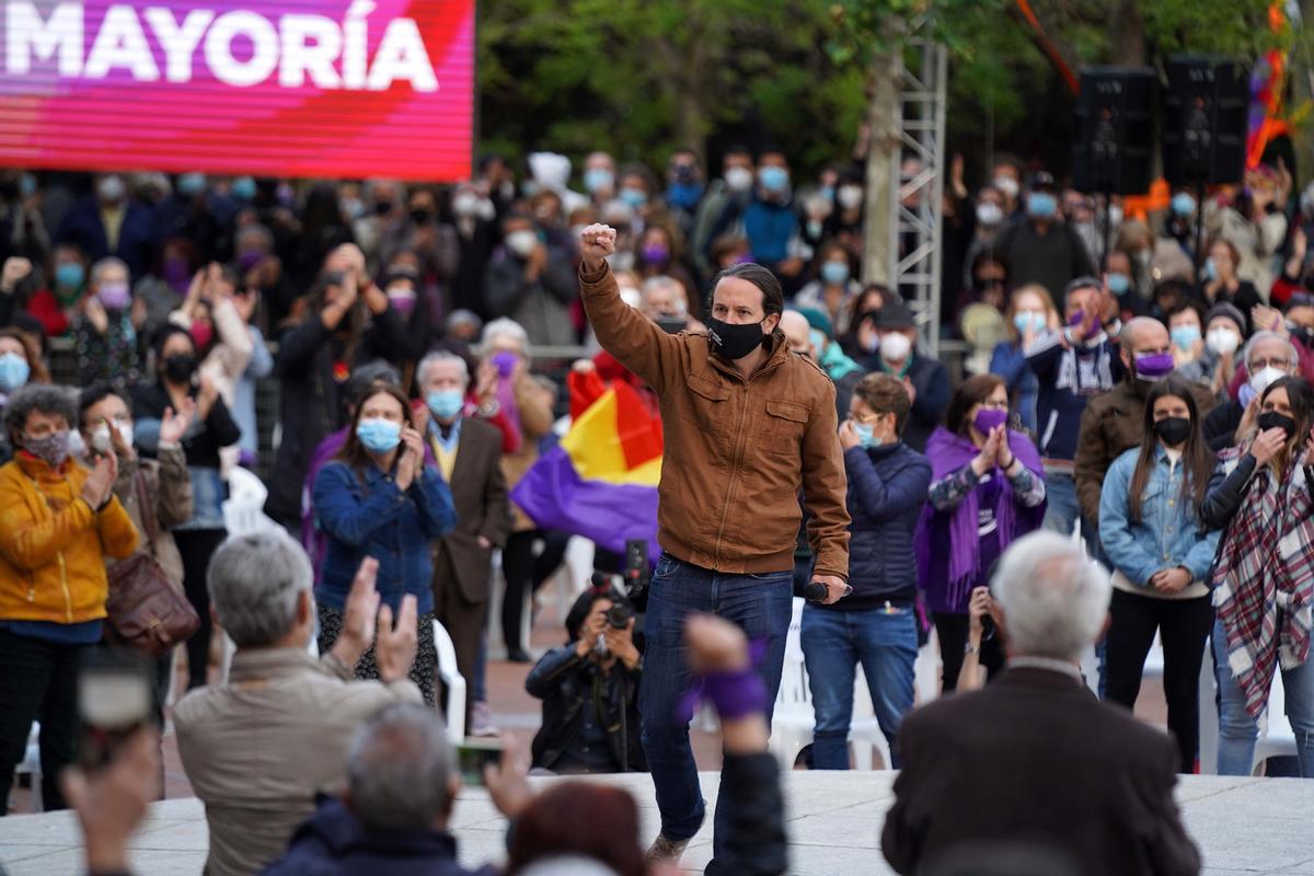 Acto de Unidas Podemos en Vallecas , en la imagen el candidato a la presidencia de la CAM y secretario general de Podemos Pablo Iglesias durante un acto en Vallecas.