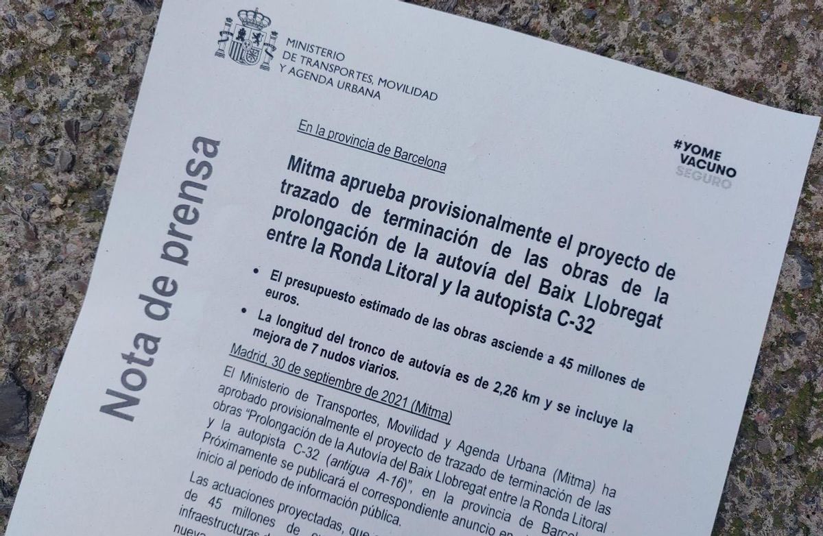 Nota de prensa del Ministerio de Transportes, Movilidad y Agenda Urbana sobre la prolongación de la Autovía del Baix Llobregat entre la Ronda Litoral y la autopista C-32 Nota de prensa del Ministerio de Transportes, Movilidad y Agenda Urbana sobre la prolongación de la Autovía del Baix Llobregat entre la Ronda Litoral y la autopista C-32