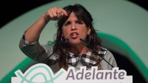 Teresa Rodríguez, líder de Adelante Andalucía, coalición entre Podemos e IU, durante el mitin de cierre de campaña el pasado viernes