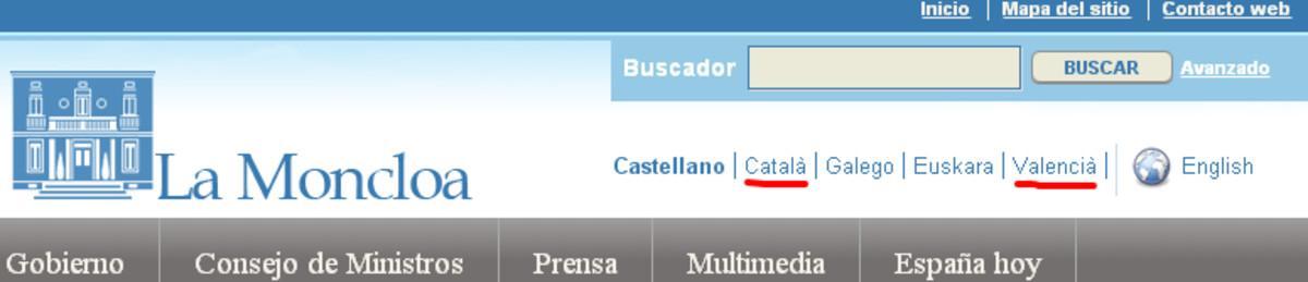 Cabecera de la página web de La Moncloa, que distingue entre catalán y valenciano.