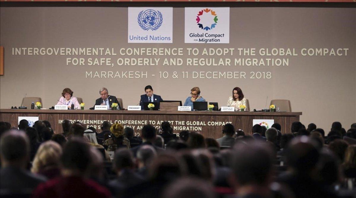 Sesión de apertura de la conferencia del Pacto Mundial de las Migraciones celebrado en Marrakech.