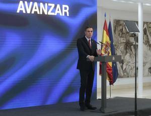El presidente del Gobierno, Pedro Sánchez, durante su exposición del ’Plan de recuperación, transformación y resiliencia’, este 7 de octubre en la Moncloa. 