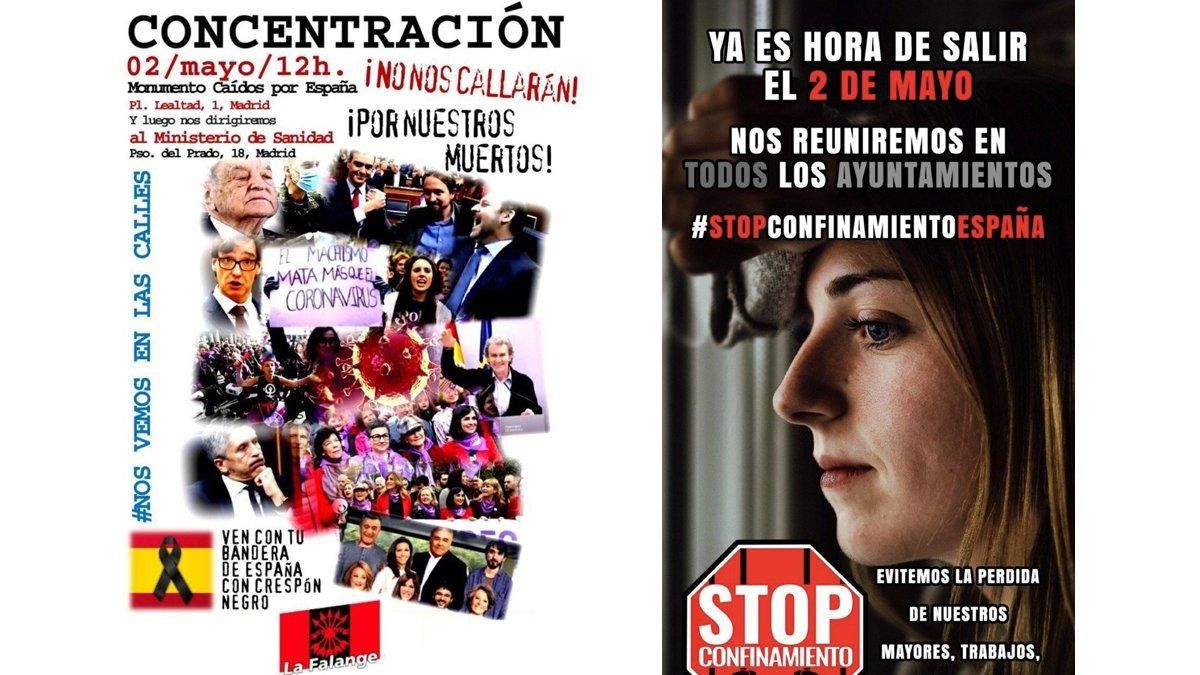 Convocatorias de la Falange y el movimiento Stop Confinamiento para salir a las calles el sábado 2 de mayo. Convocatorias de la Falange y el movimiento Stop Confinamiento para salir a las calles el sábado 2 de mayo.