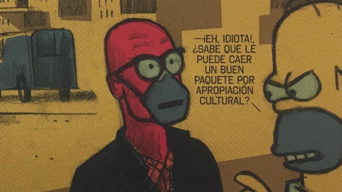 Fragmento de una de las tiras de ‘Días de alarma’, protagonizada por el historietista y Homer Simpson. Fragmento de una de las tiras de ‘Días de alarma’, protagonizada por el historietista y Homer Simpson.