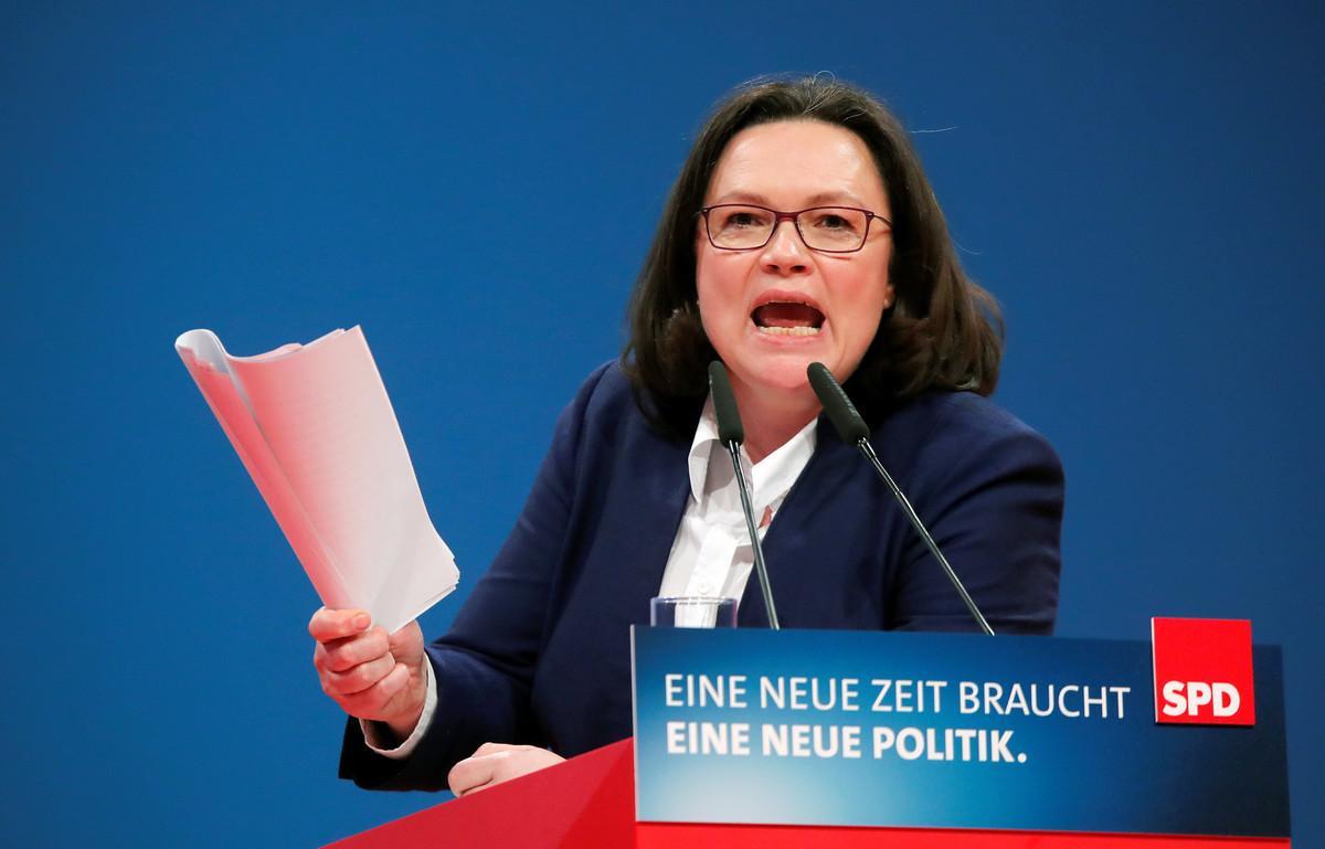 FILE PHOTO: SPD parliamentary group leader Andrea Nahles speaks during the SPD’s one-day party congress in Bonn, Germany, January 21, 2018. REUTERS/Wolfgang Rattay/File Photo