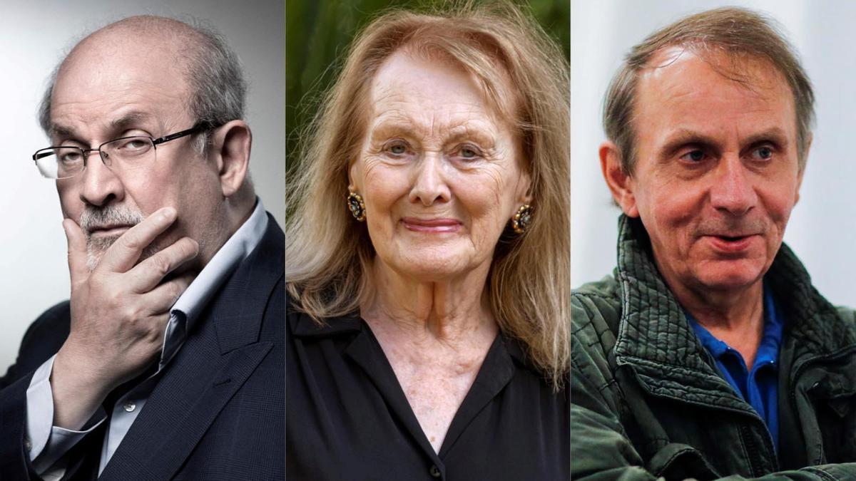 De izquierda a derecha, Salman Rushdie, Annie Ernaux y Michel Houellebecq
