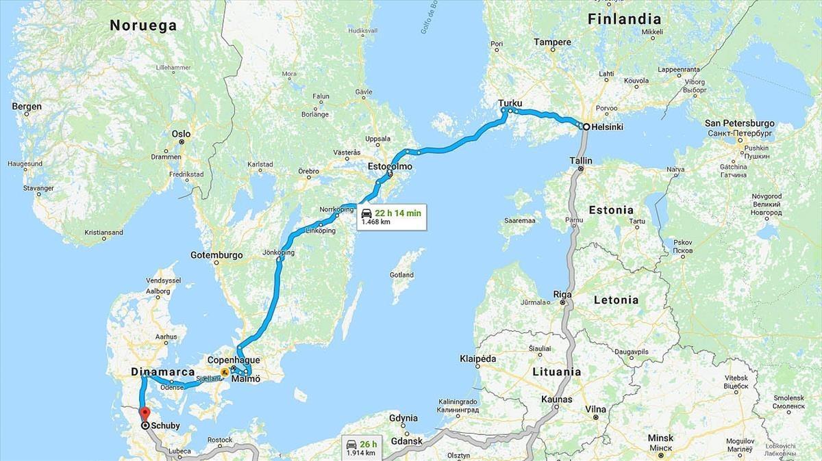El recorrido en coche de Carlos Puigdemont desde Finlandia a Alemania.