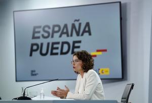 La ministra de Hacienda y portavoz del Gobierno, María Jesús Montero, en la rueda de prensa posterior al Consejo de Ministros, en la Moncloa, este 1 de septiembre. 