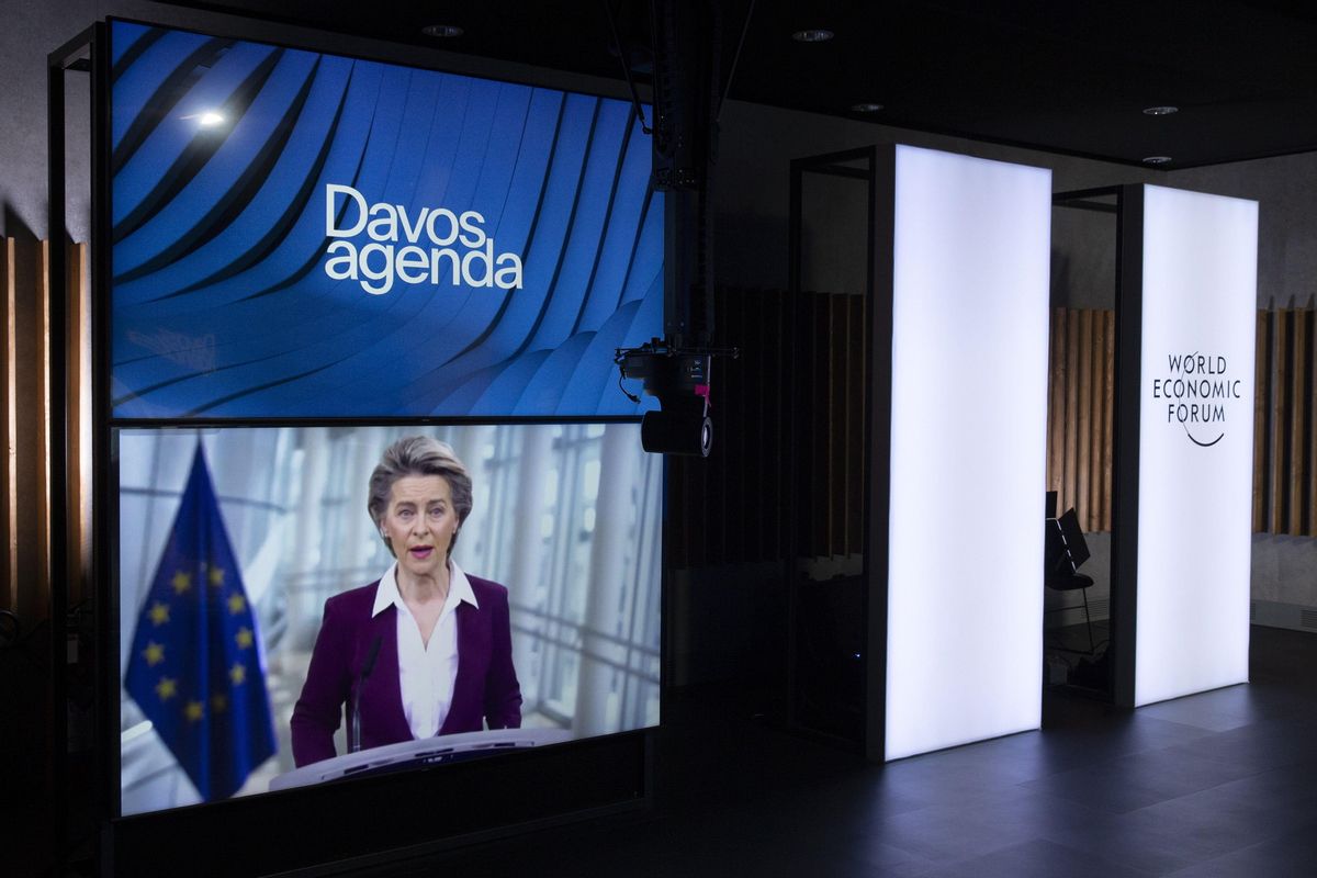 Ursula von der Leyen durante la videoconferencia en el Fórum Económico Mundial de Davos. Ursula von der Leyen durante la videoconferencia en el Fórum Económico Mundial de Davos.