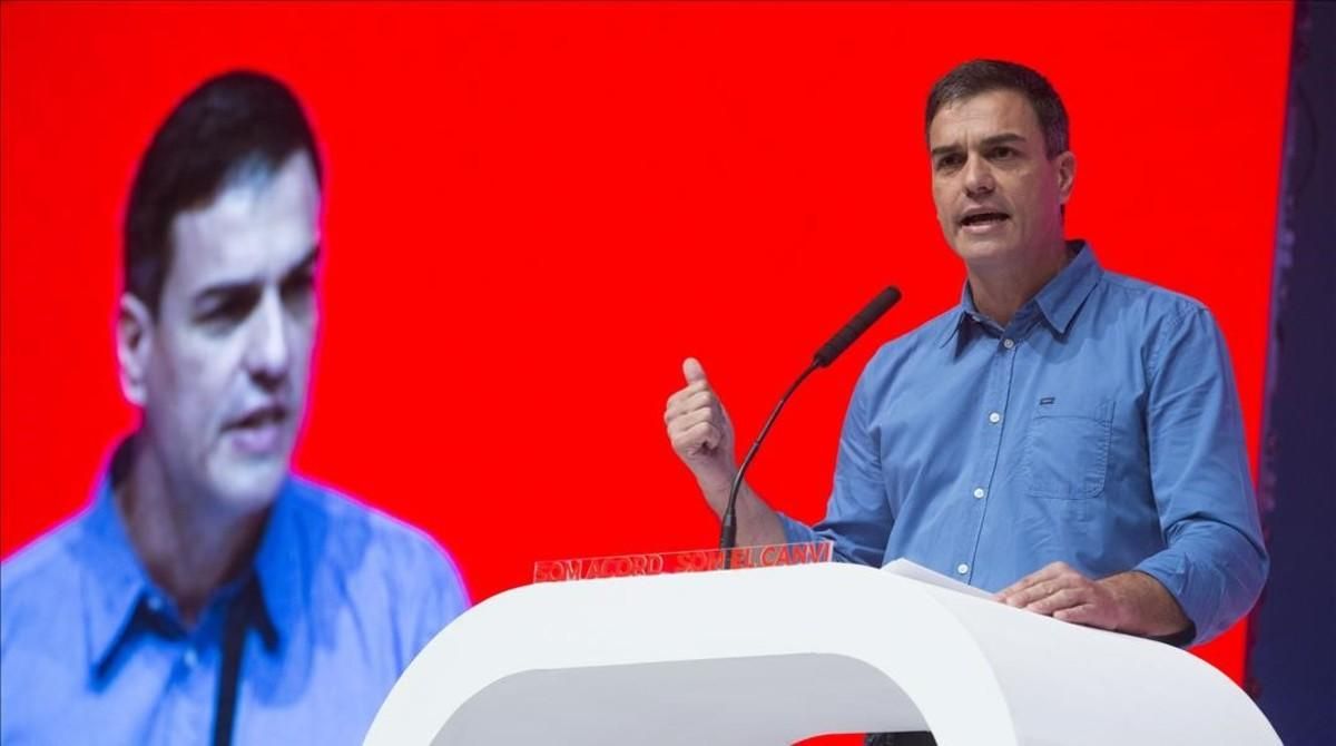 Pedro Sánchez, el pasado 15 de julio en Barcelona, durante la proclamación de Miquel Iceta como candidato del PSC. Pedro Sánchez, el pasado 15 de julio en Barcelona, durante la proclamación de Miquel Iceta como candidato del PSC.