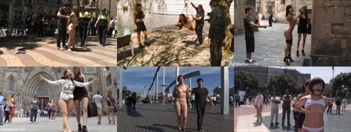 Seis fotogramas de producciones porno de la compañía estadounidense Kink en Barcelona, en la Rambla, la Espanya Industrial, el Gòtic, la Catedral, el Maremàgnum y en la plaza de Catalunya.