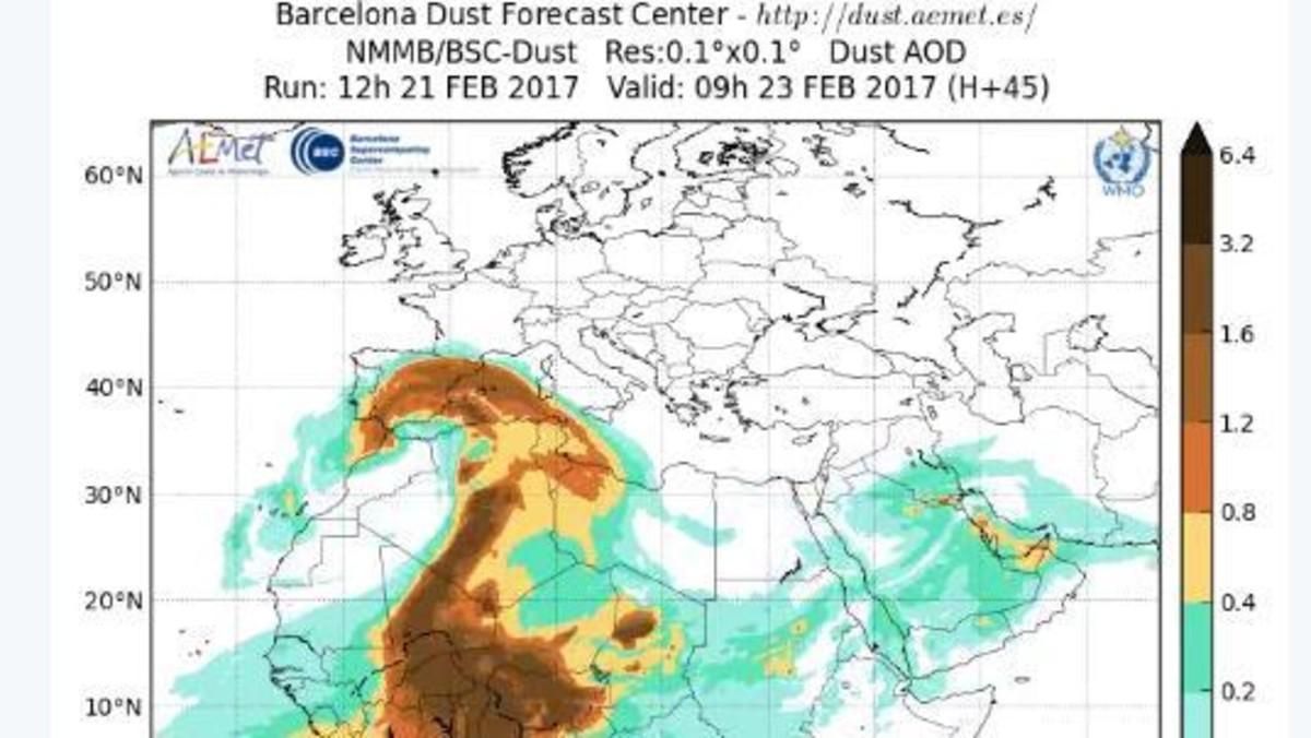 Previsión del Barcelona Dust Forecast Center para el jueves por la mañana. Previsión del Barcelona Dust Forecast Center para el jueves por la mañana.