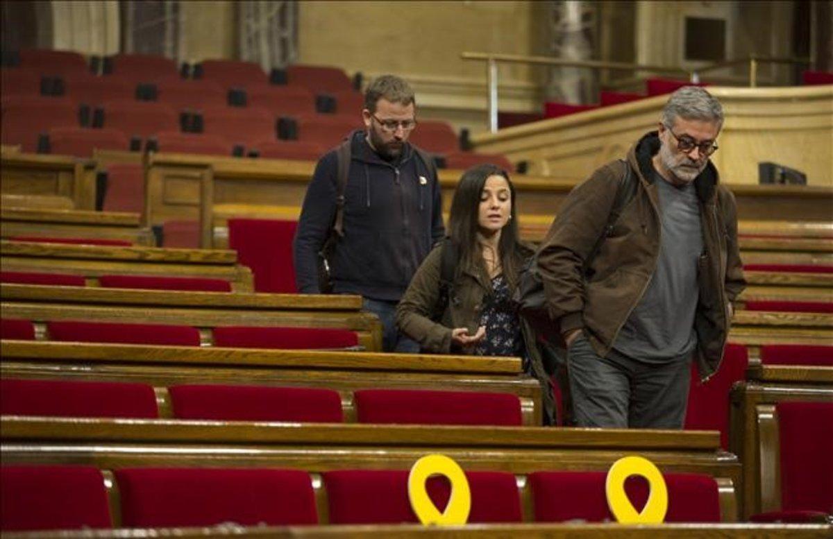 Los diputados de la CUP en el Parlament, Vidal Aragonés, Maria Sirvent y Carles Riera.