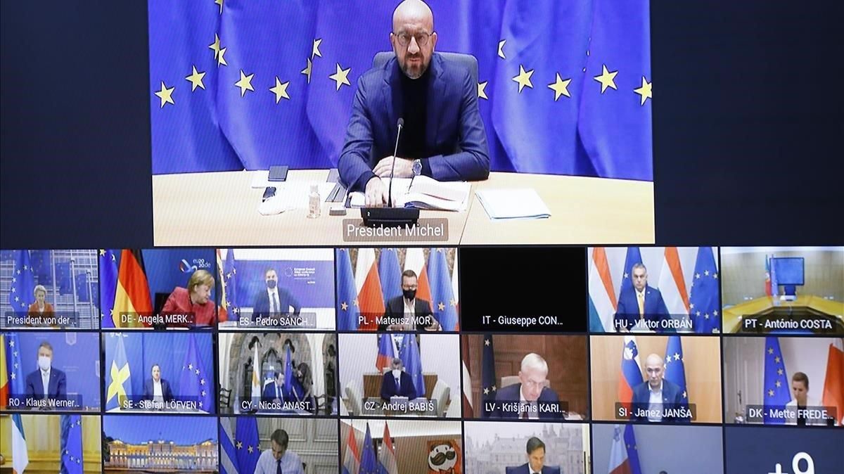 El presidente del Consejo Europeo, Charles Michel, en la cumbre telemática de la UE sobre el coronavirus de este jueves. El presidente del Consejo Europeo, Charles Michel, en la cumbre telemática de la UE sobre el coronavirus de este jueves.