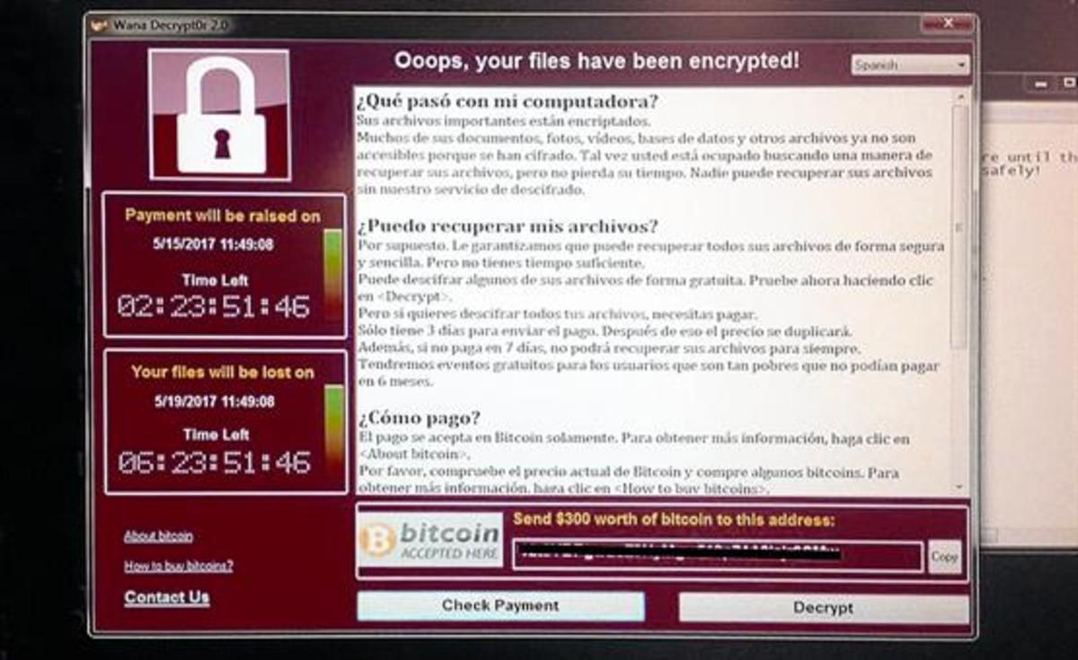 Mensaje en español que aparece en un ordenador infectado por un ’ransomware’ WannaCry.