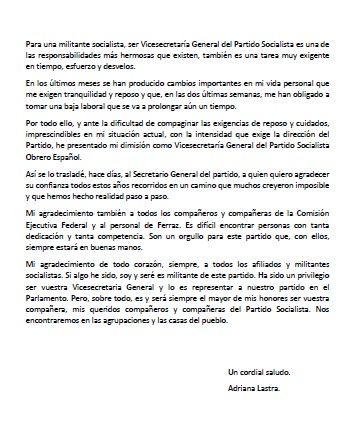 Comunicado de dimisión de Adriana Lastra como dos del PSOE (18 de julio de 2022)