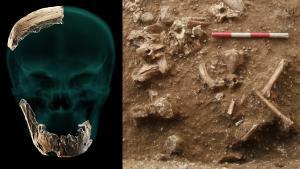 A la izquierda, reconstrucción de los restos óseos hallados. A la derecha, vista del yacimiento arqueológico de Nesher Ramla. 