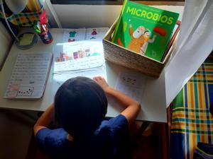 Un alumno de 3º de primaria realiza unos deberes en su casa.
