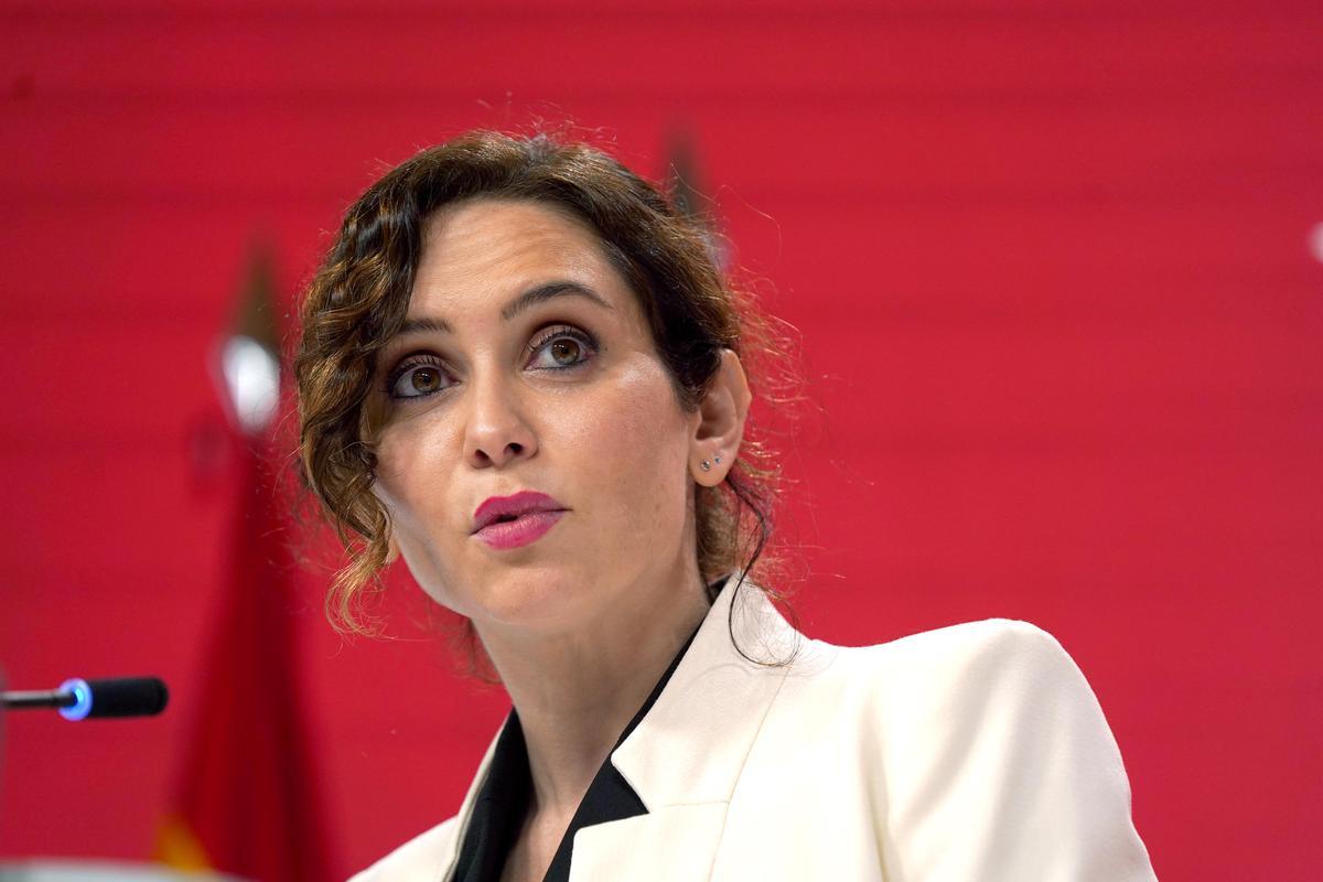 Isabel Diaz Ayuso, Presidenta de la Comunidad de Madrid durante la declaración institucional .