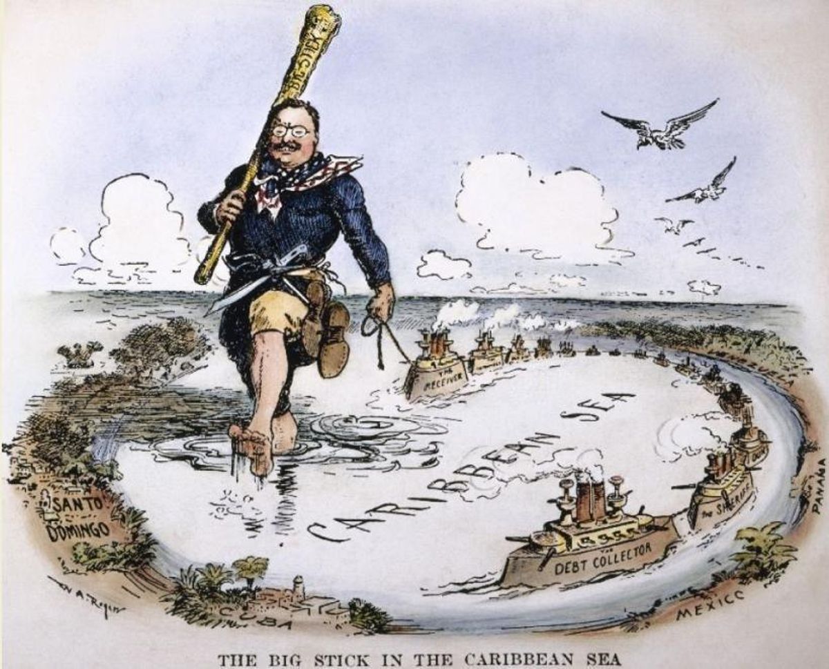 Caricatura de Theodore Roosevelt, en 1904, con su garrote. Caricatura de Theodore Roosevelt, en 1904, con su garrote.