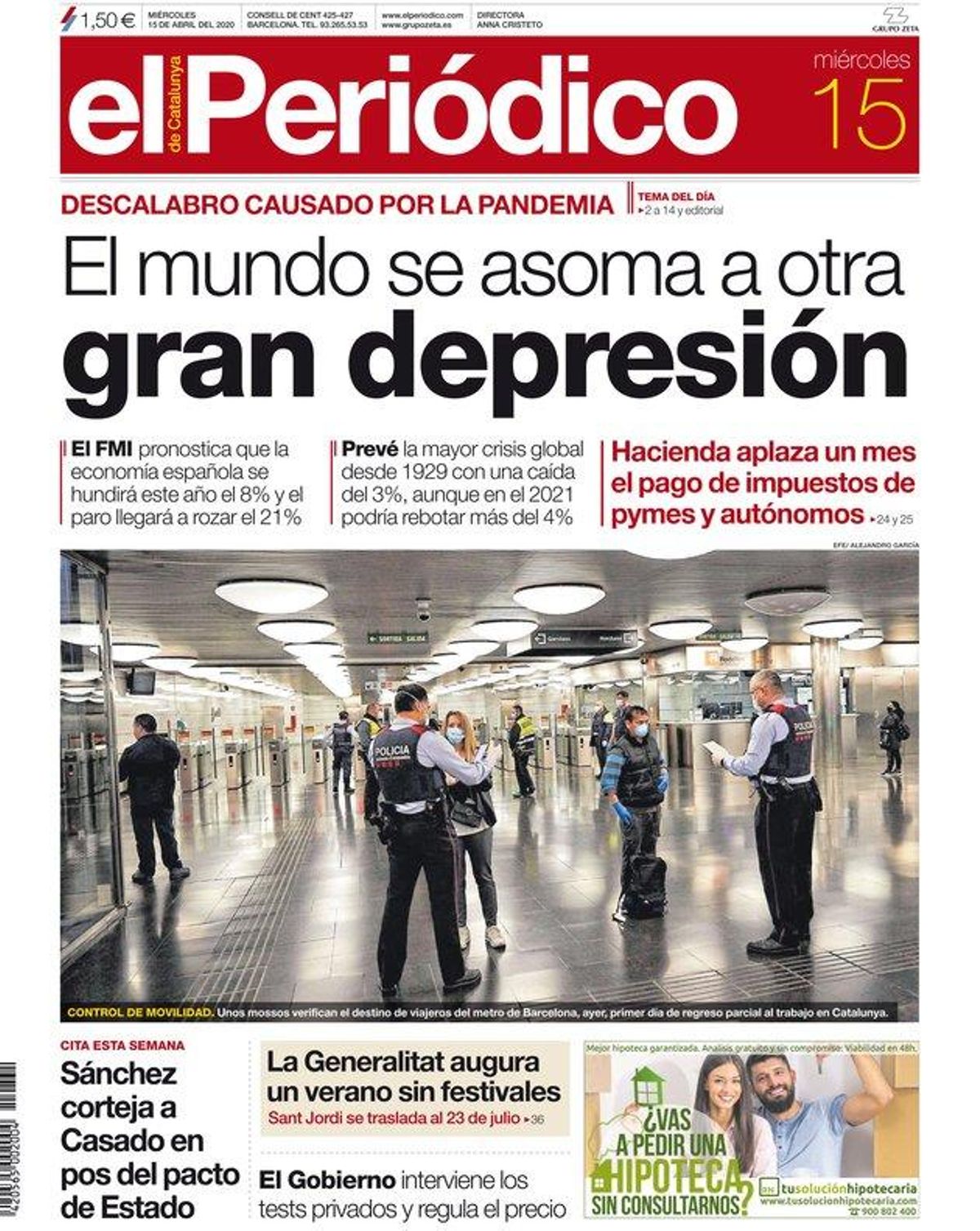 La portada de EL PERIÓDICO del 15 de abril del 2020 La portada de EL PERIÓDICO del 15 de abril del 2020