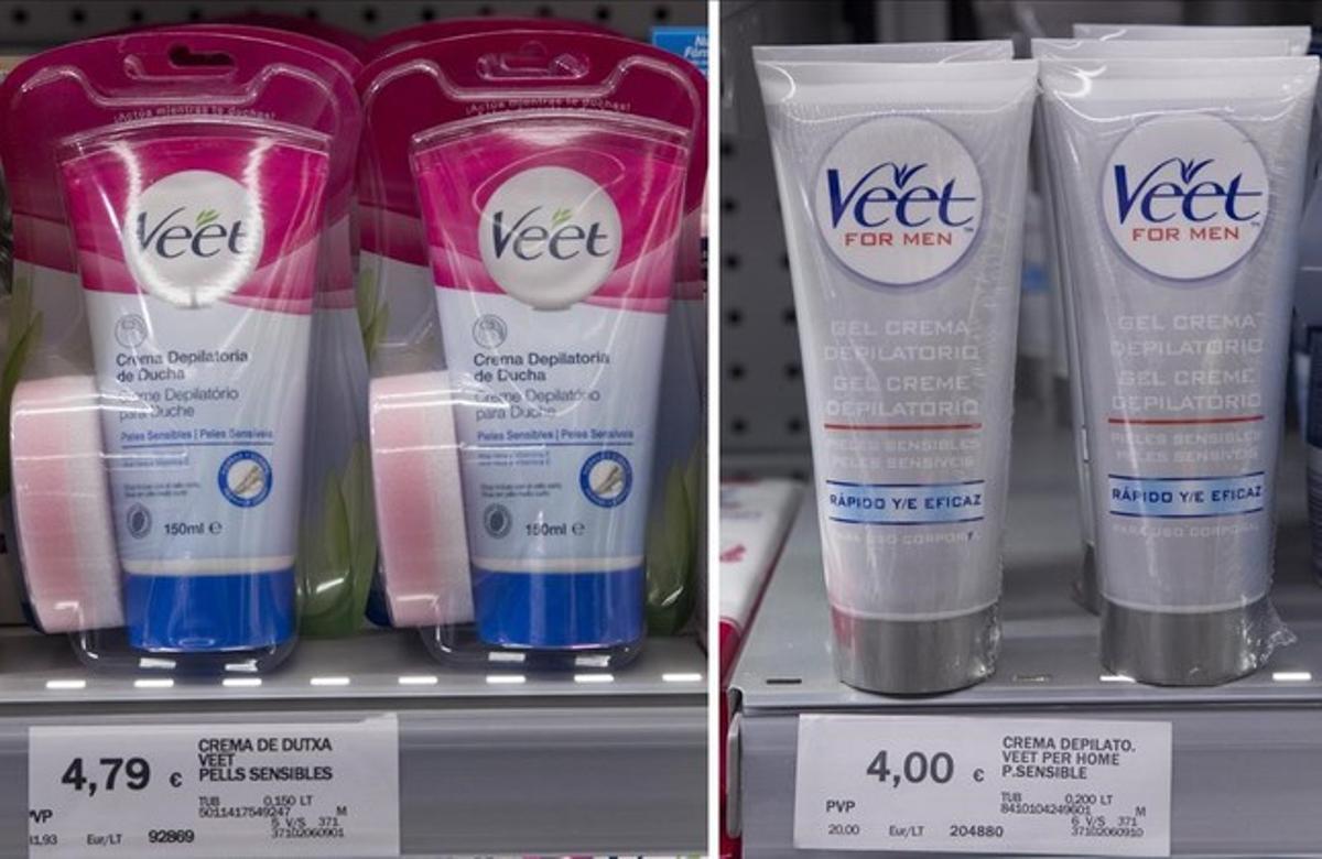 Cremas depilatorias para mujeres y para hombres en los estantes de un supermercado barcelonés.