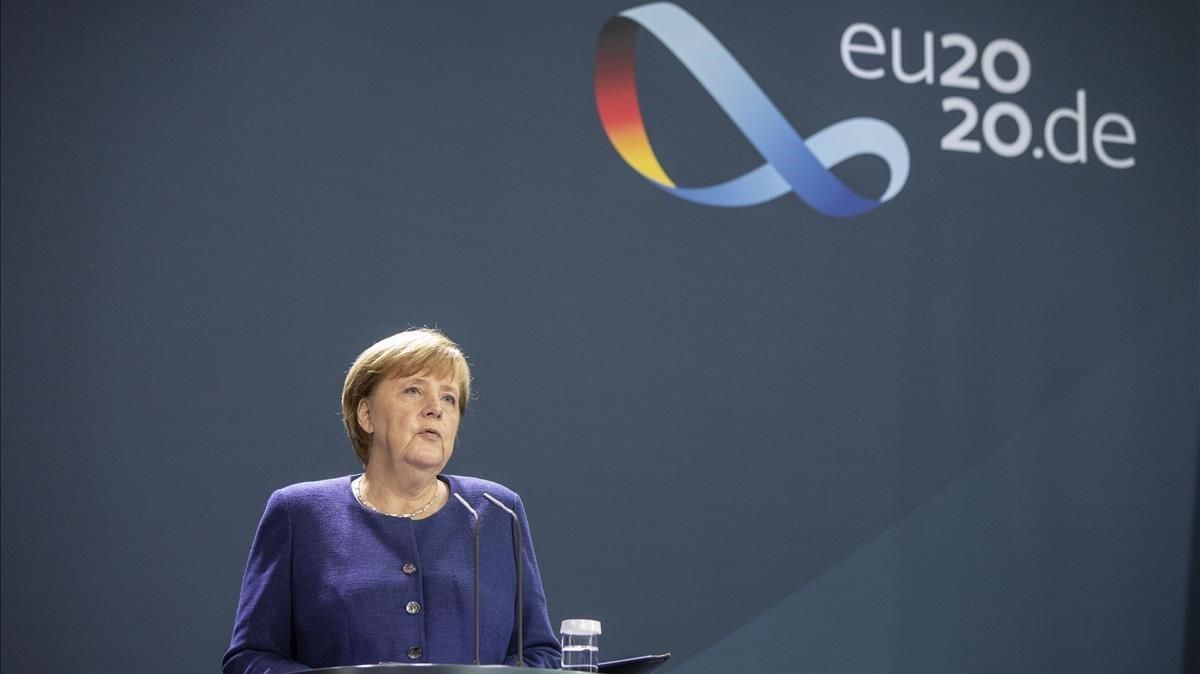 La cancillera alemana Angela Merkel en su comparecencia para felicitar a Joe Biden. La cancillera alemana Angela Merkel en su comparecencia para felicitar a Joe Biden.