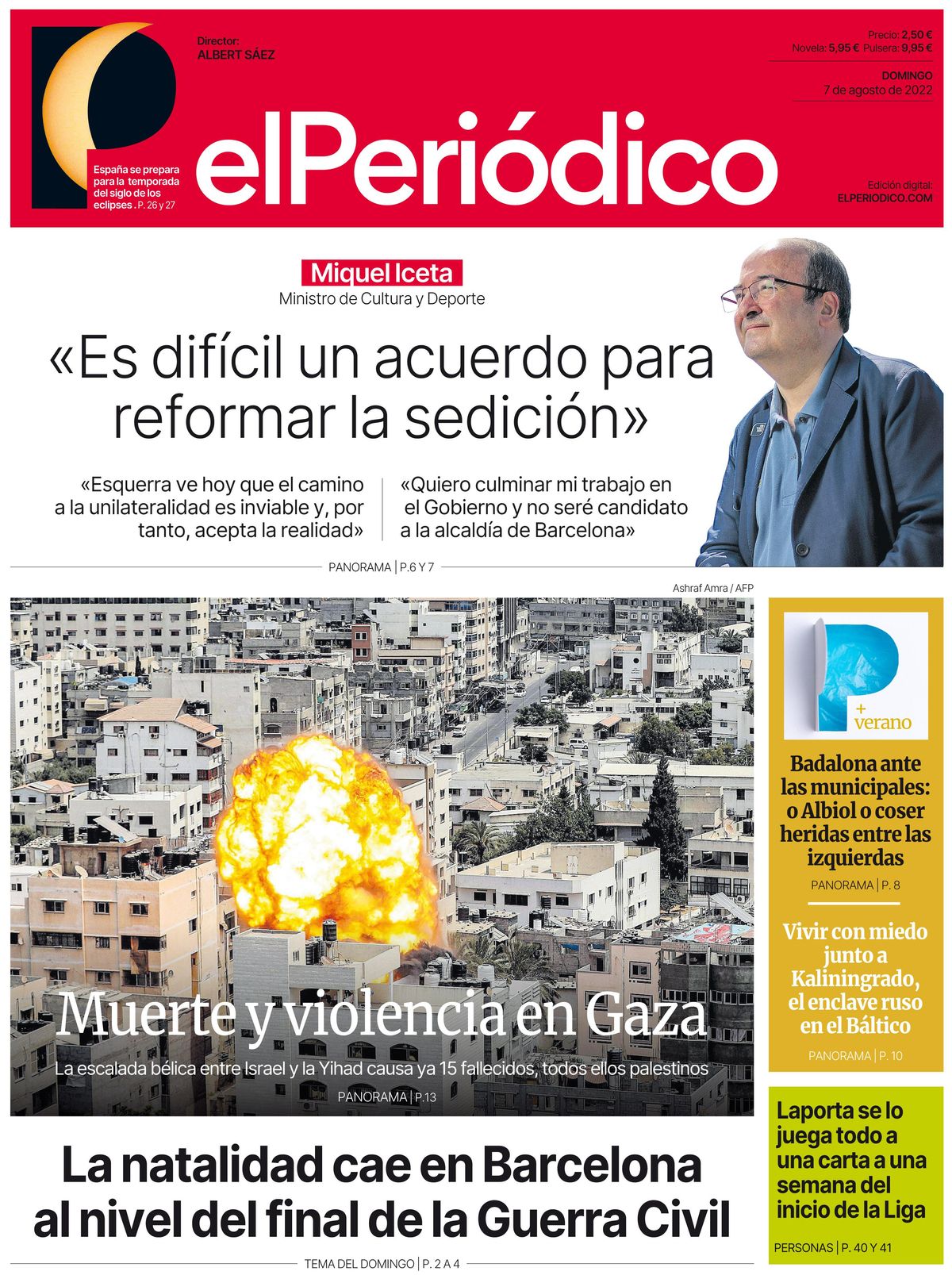 La portada de EL PERIÓDICO del 7 de agosto de 2022 La portada de EL PERIÓDICO del 7 de agosto de 2022