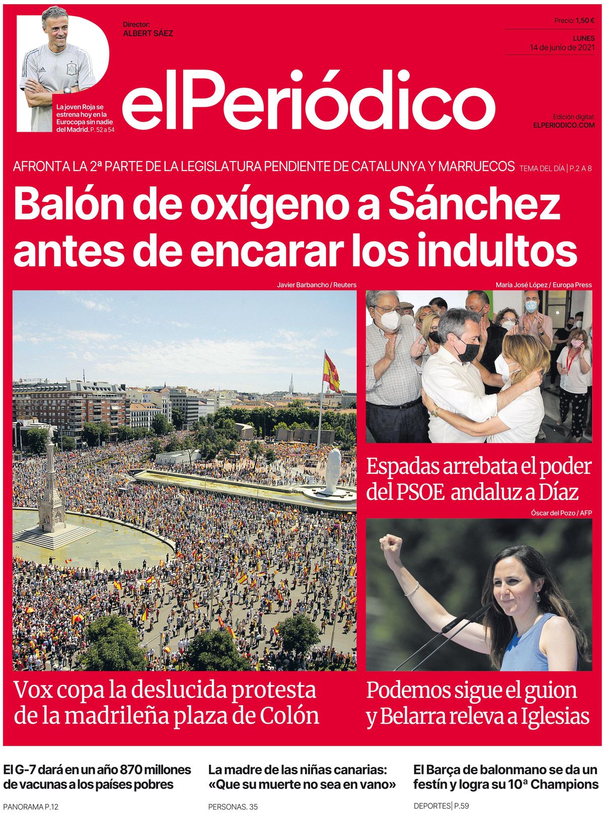 La portada de EL PERIÓDICO del lunes 14 de mayo de 2021. La portada de EL PERIÓDICO del lunes 14 de mayo de 2021.