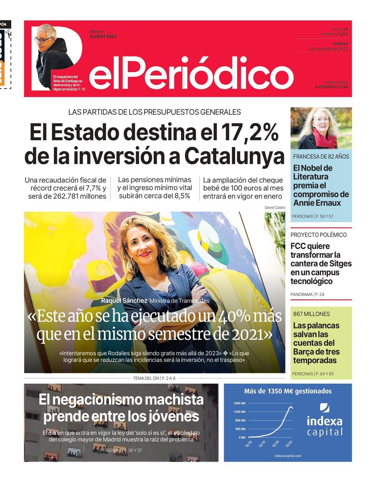 La portada de EL PERIÓDICO del 7 de octubre de 2022
